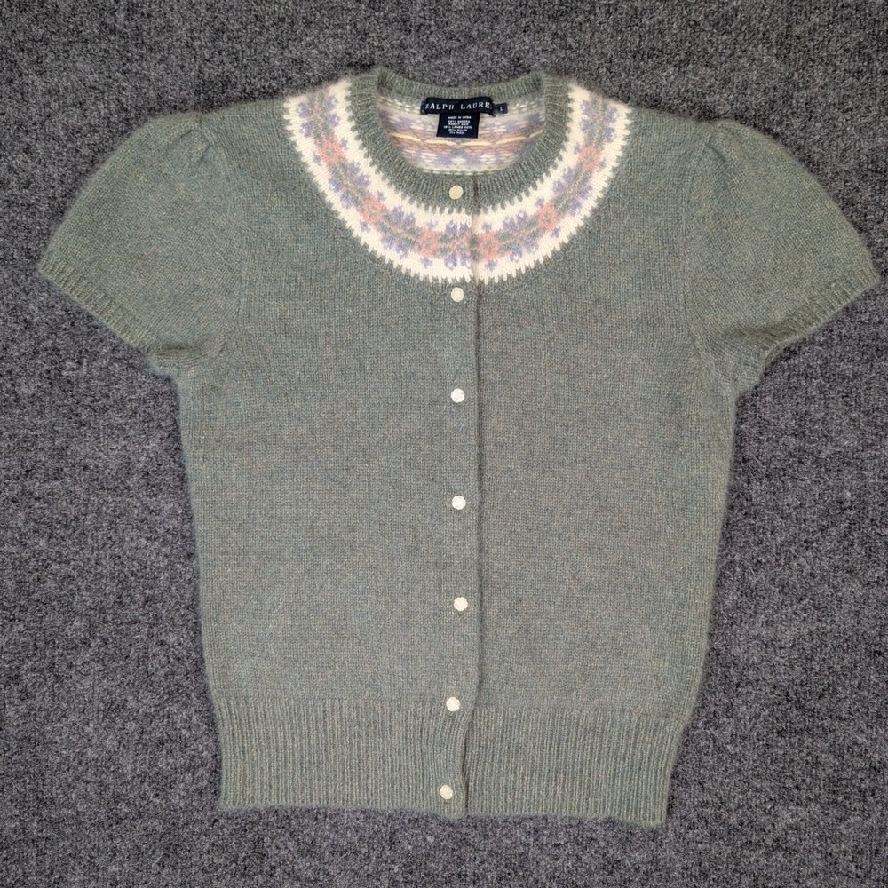 Ralph Lauren Angora Lambswool Fair Isle Short Sleeve Cardigan Sage Green Large